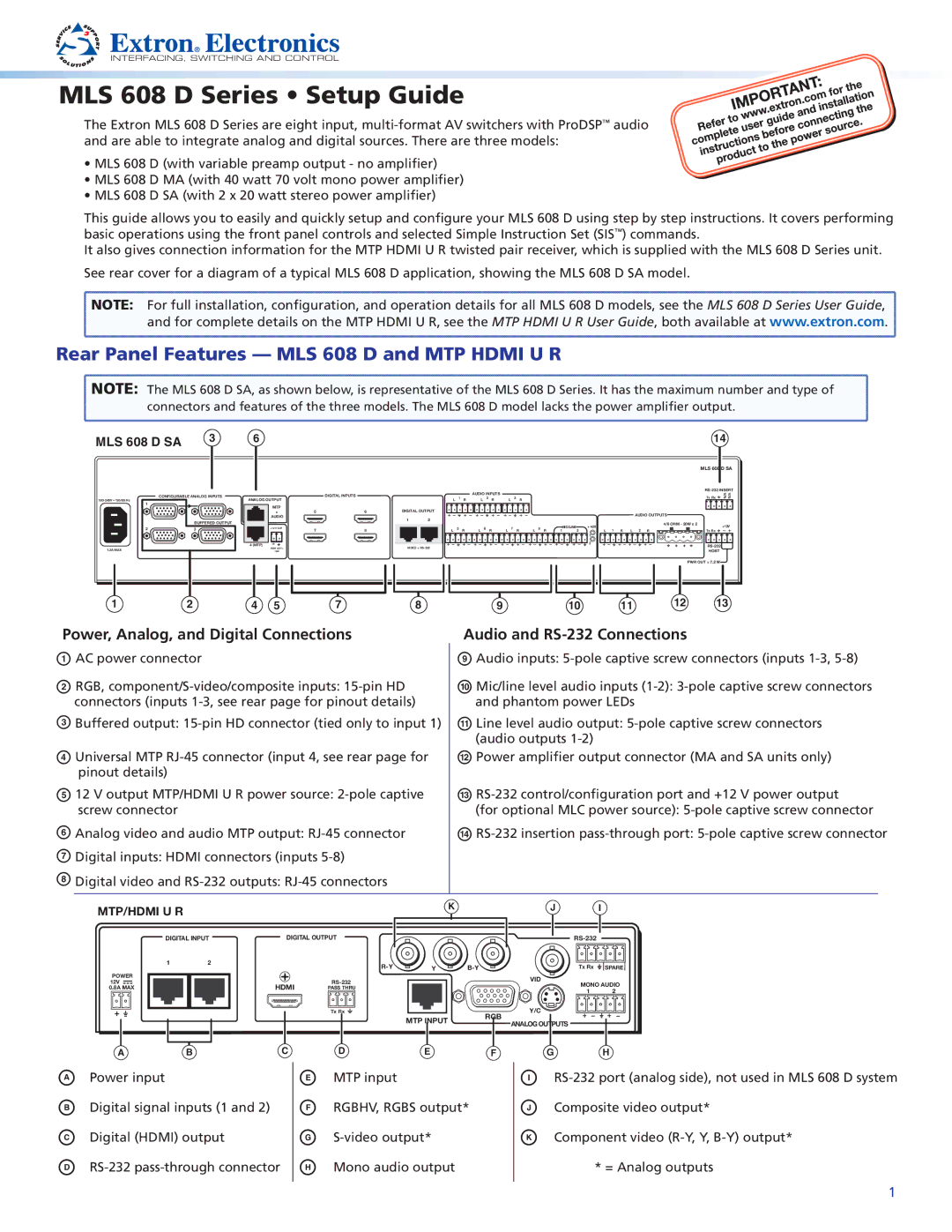 Extron electronic MLS 608 D MA setup guide Rear Panel Features MLS 608 D and MTP Hdmi U R, MLS 608 D SA 