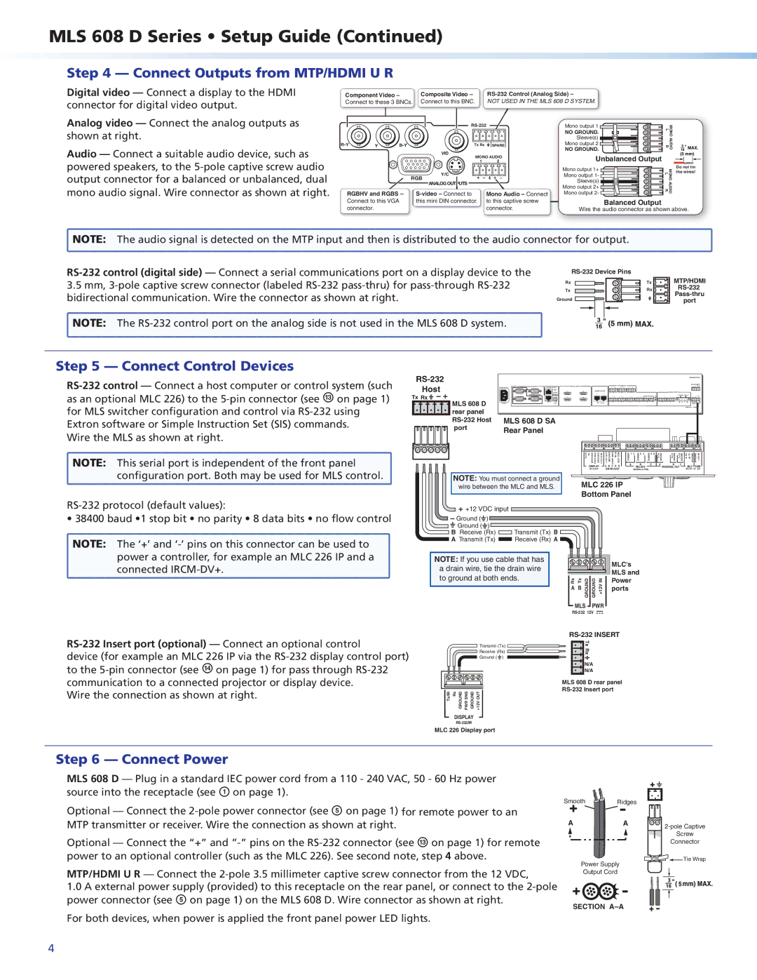 Extron electronic MLS 608 D MA, MLS 608 D SA Connect Outputs from MTP/HDMI U R, Connect Control Devices, Connect Power 