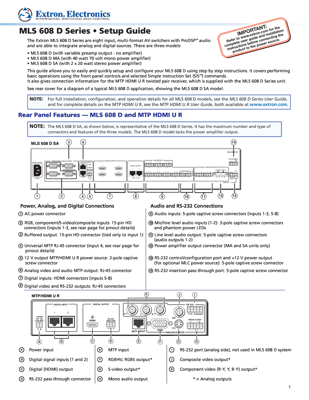 Extron electronic setup guide Rear Panel Features - MLS 608 D and MTP HDMI U R, Power, Analog, and Digital Connections 