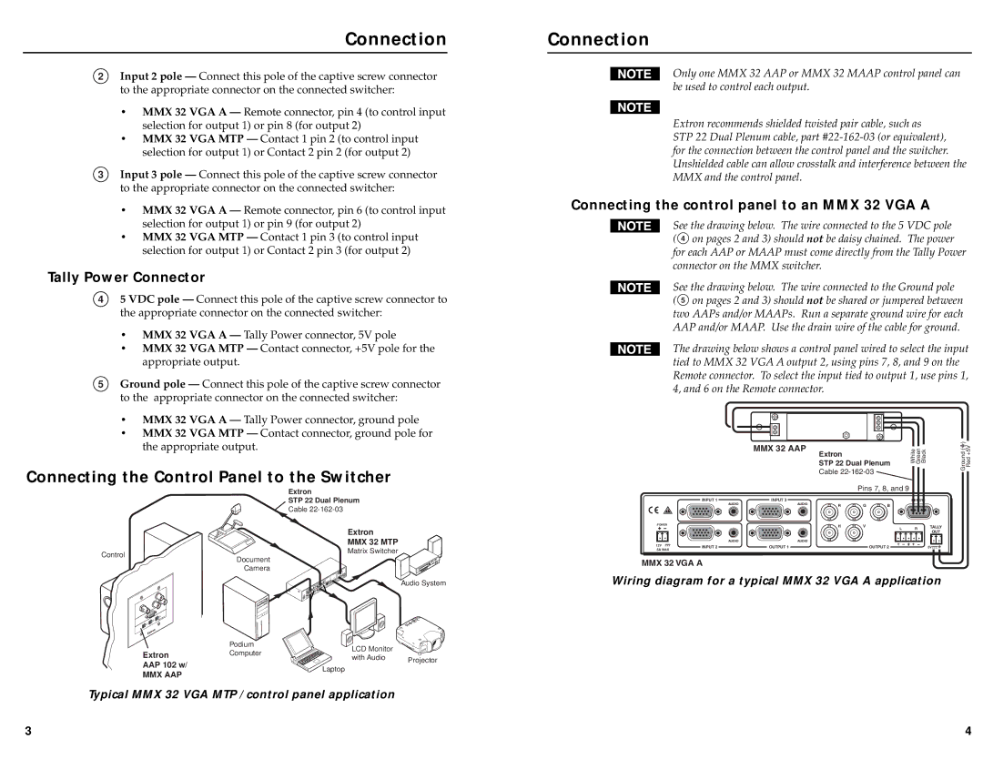 Extron electronic MMX 32 MAAP, MMX 32 AAP Connection, Connecting the Control Panel to the Switcher, Tally Power Connector 