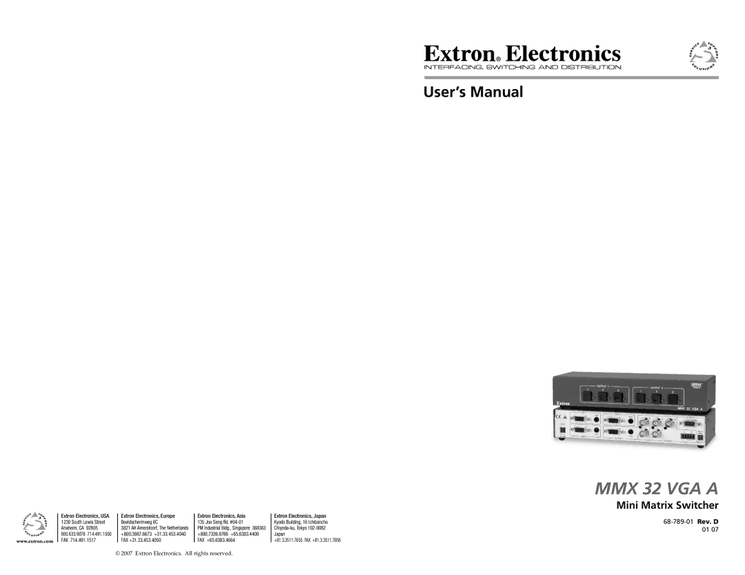 Extron electronic MMX 32 VGA A user manual User’s Manual, Mini Matrix Switcher 