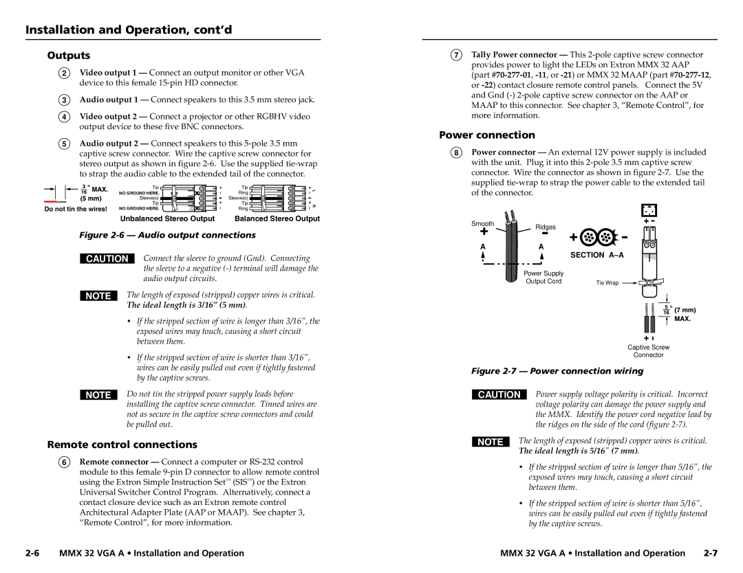 Extron electronic MMX 32 VGA A user manual Outputs, Remote control connections, Power connection 