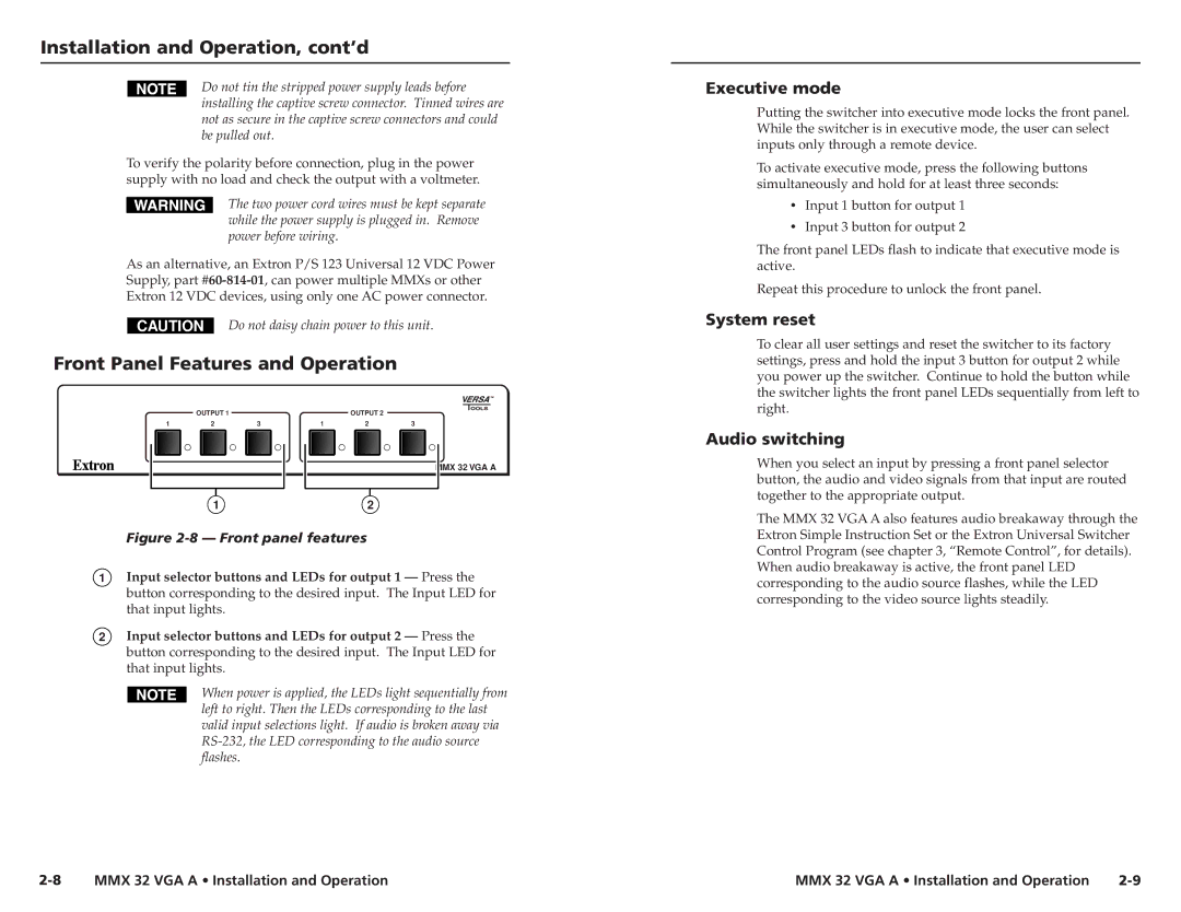 Extron electronic MMX 32 VGA A Front Panel Features and Operation, Executive mode, System reset, Audio switching 