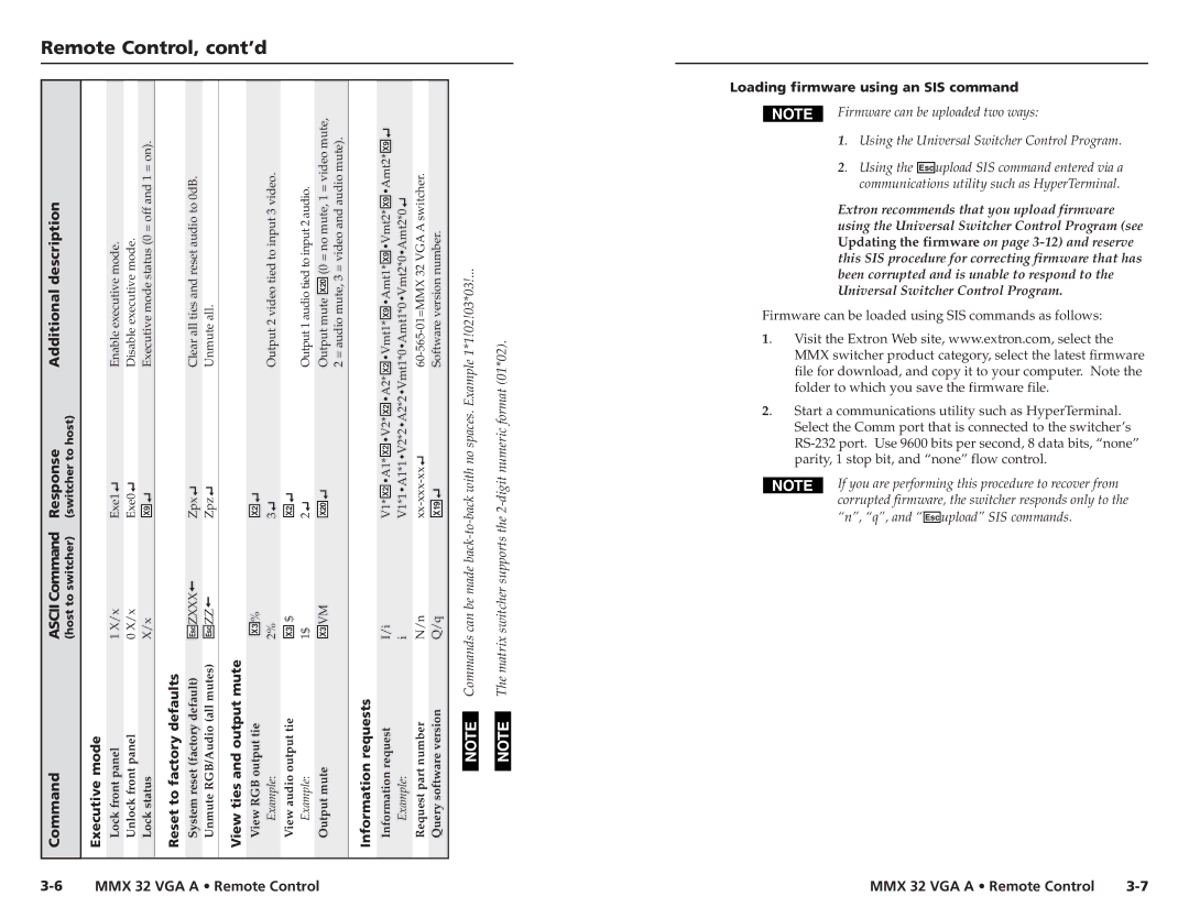 Extron electronic MMX 32 VGA A Executive mode, Reset to factory defaults, View ties and output mute, Information requests 