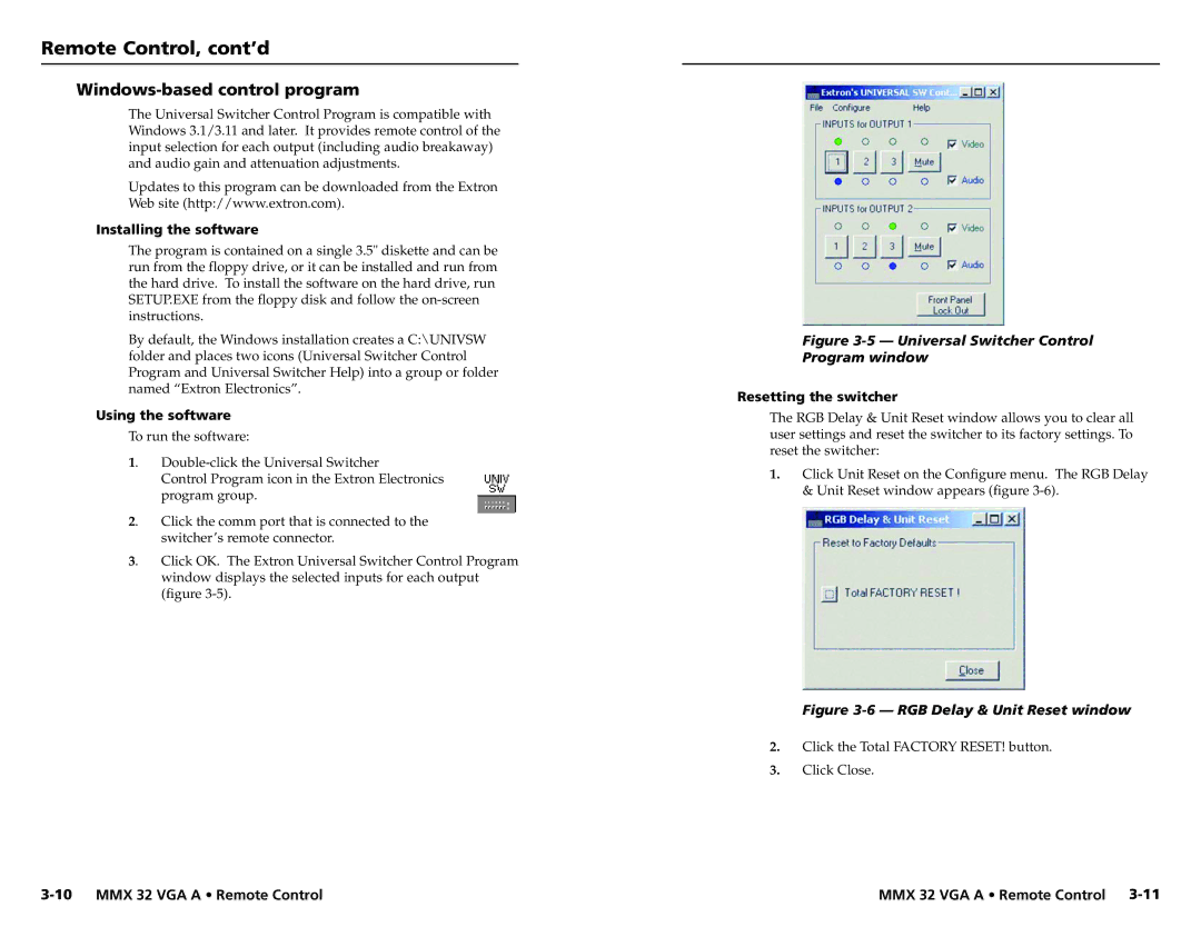 Extron electronic MMX 32 VGA A user manual Windows-based control program, Installing the software, Using the software 