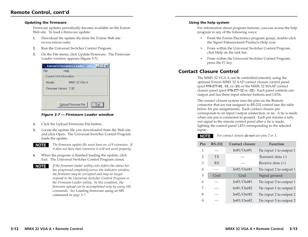 Extron electronic MMX 32 VGA A user manual Contact Closure Control, Updating the firmware, Using the help system 