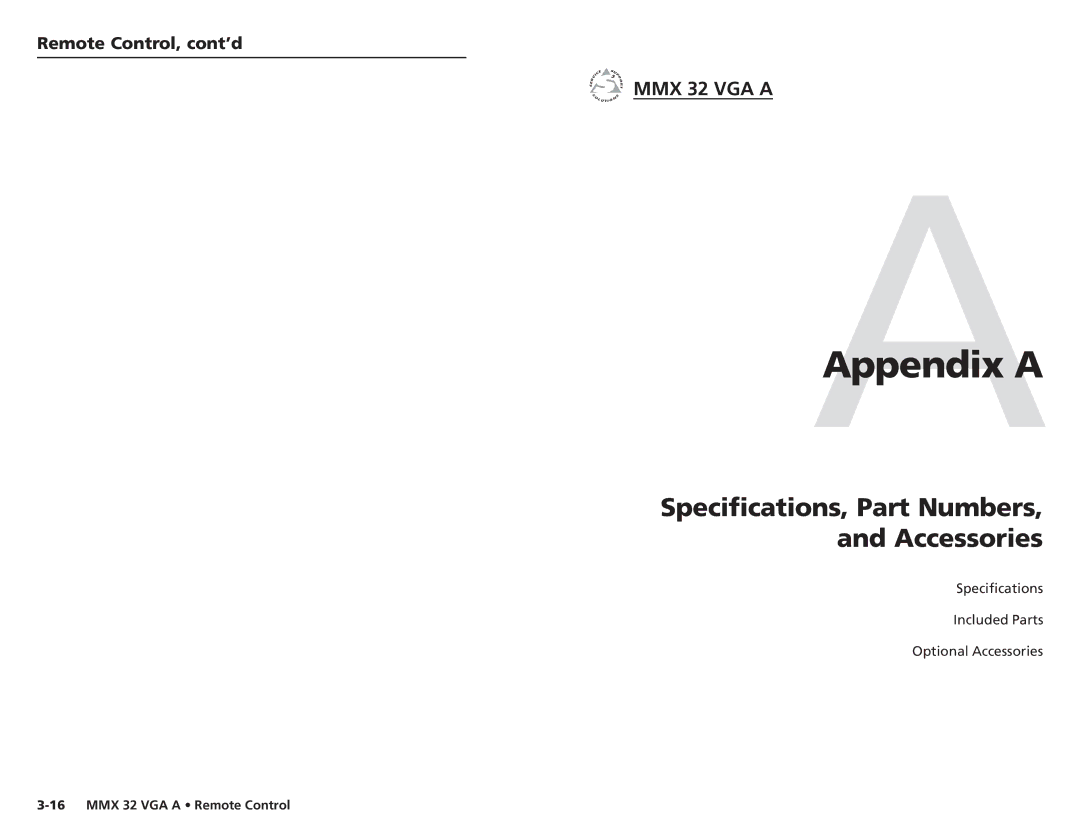 Extron electronic MMX 32 VGA A user manual AAppendix a, Specifications, Part Numbers Accessories 