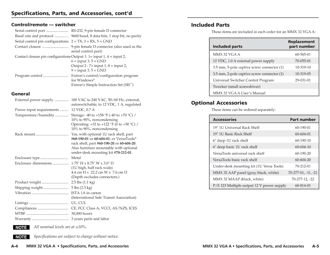 Extron electronic MMX 32 VGA A Specifications, Parts, and Accessories, cont’d, Included Parts, Optional Accessories 