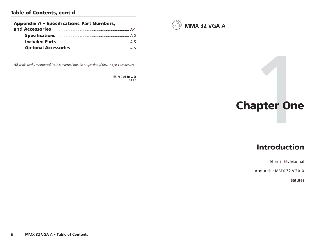 Extron electronic MMX 32 VGA A One, Introduction, Table of Contents, cont’d, Appendix a Specifications , Part Numbers 