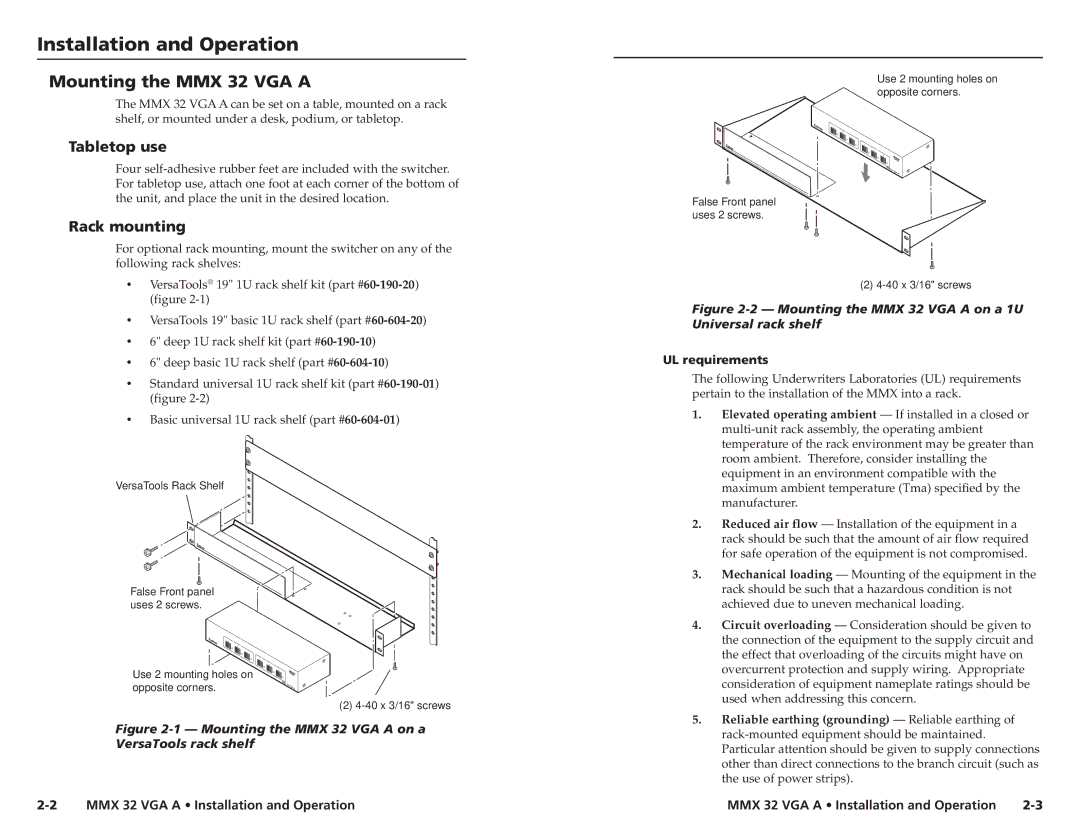 Extron electronic MMX 32 VGA A Installation and Operation, Mounting the MMX 32 VGA a, Tabletop use, Rack mounting 