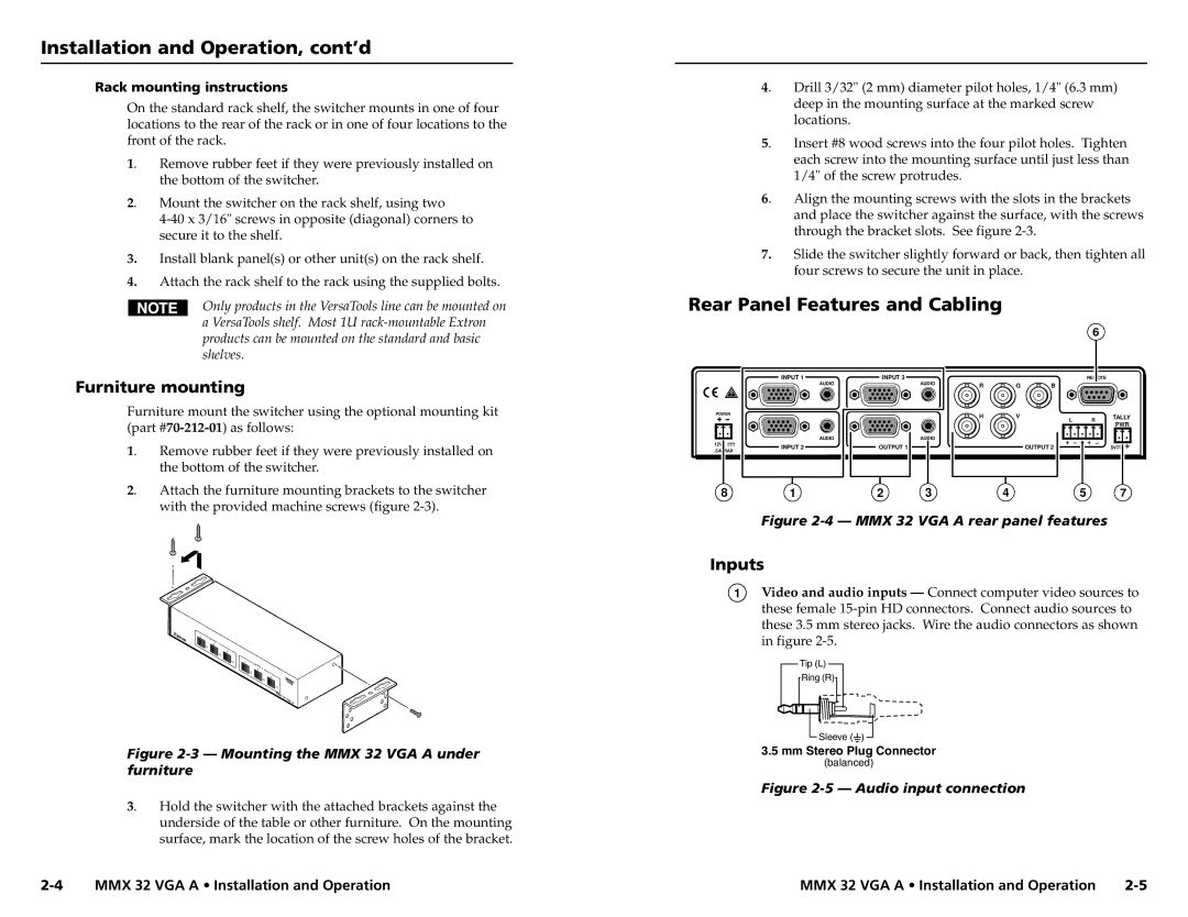 Extron electronic MMX 32 VGA A Installation and Operation, cont’d, Rear Panel Features and Cabling, Furniture mounting 