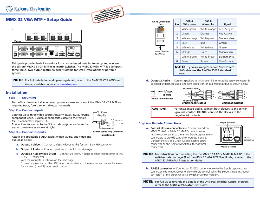 Extron electronic MMX 32 VGA MTP setup guide Installation, Mounting, Connect Inputs, Connect Outputs, Remote Connections 