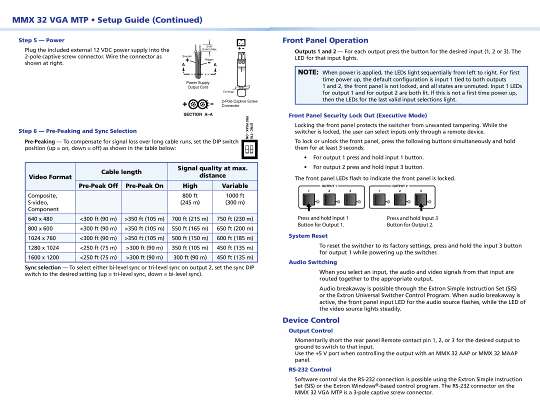 Extron electronic MMX 32 VGA MTP setup guide Front Panel Operation, Device Control 