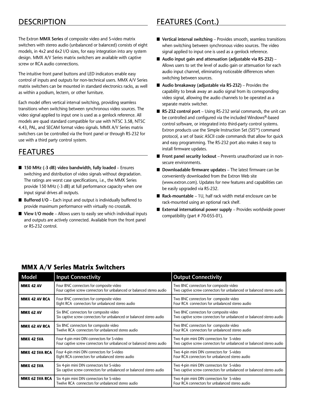 Extron electronic MMX AV Series, MMX 42 AV, MMX 62 SVA RCA manual Description, Features 