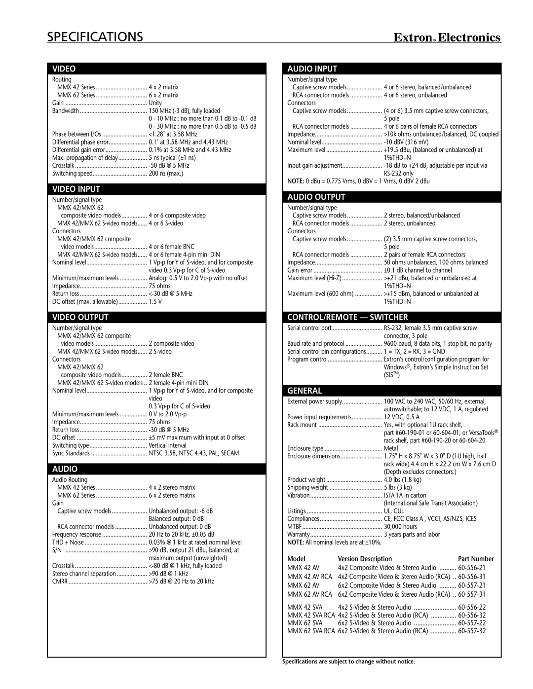 Extron electronic MMX 42 AV, MMX 62 SVA RCA, MMX AV Series manual Specifications, Video 