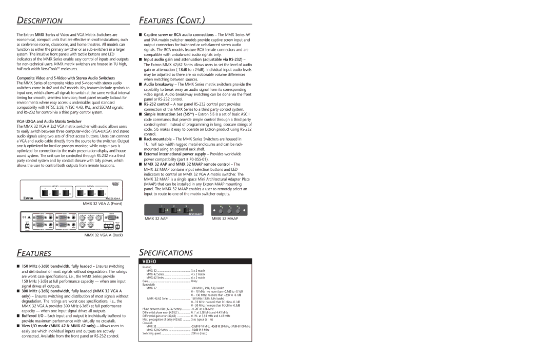 Extron electronic MMX 42 AV RCA manual Description, Features, Specifications, Video, VGA-UXGA and Audio Matrix Switcher 