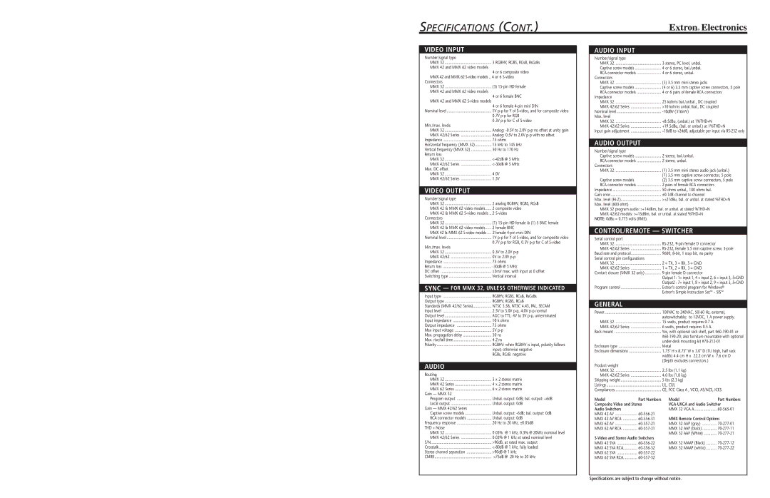 Extron electronic MMX 62 SV RCA Video Input, Video Output, Audio Input, Audio Output, CONTROL/REMOTE Switcher, General 