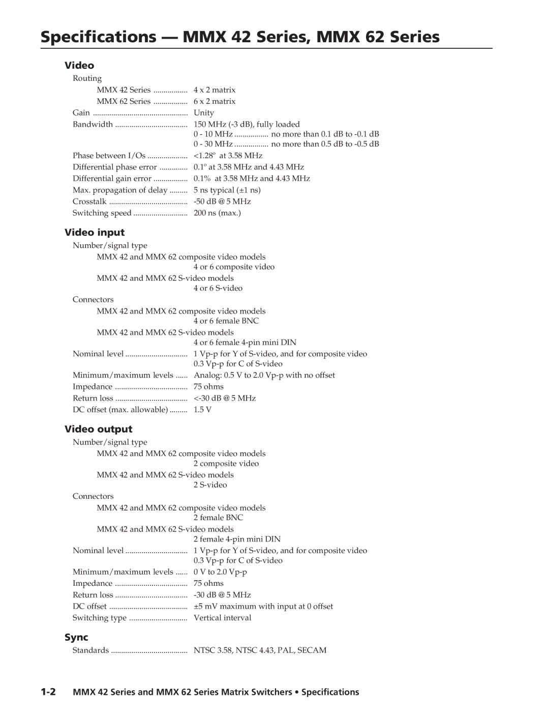 Extron electronic specifications Specifications MMX 42 Series, MMX 62 Series, Video, Sync 