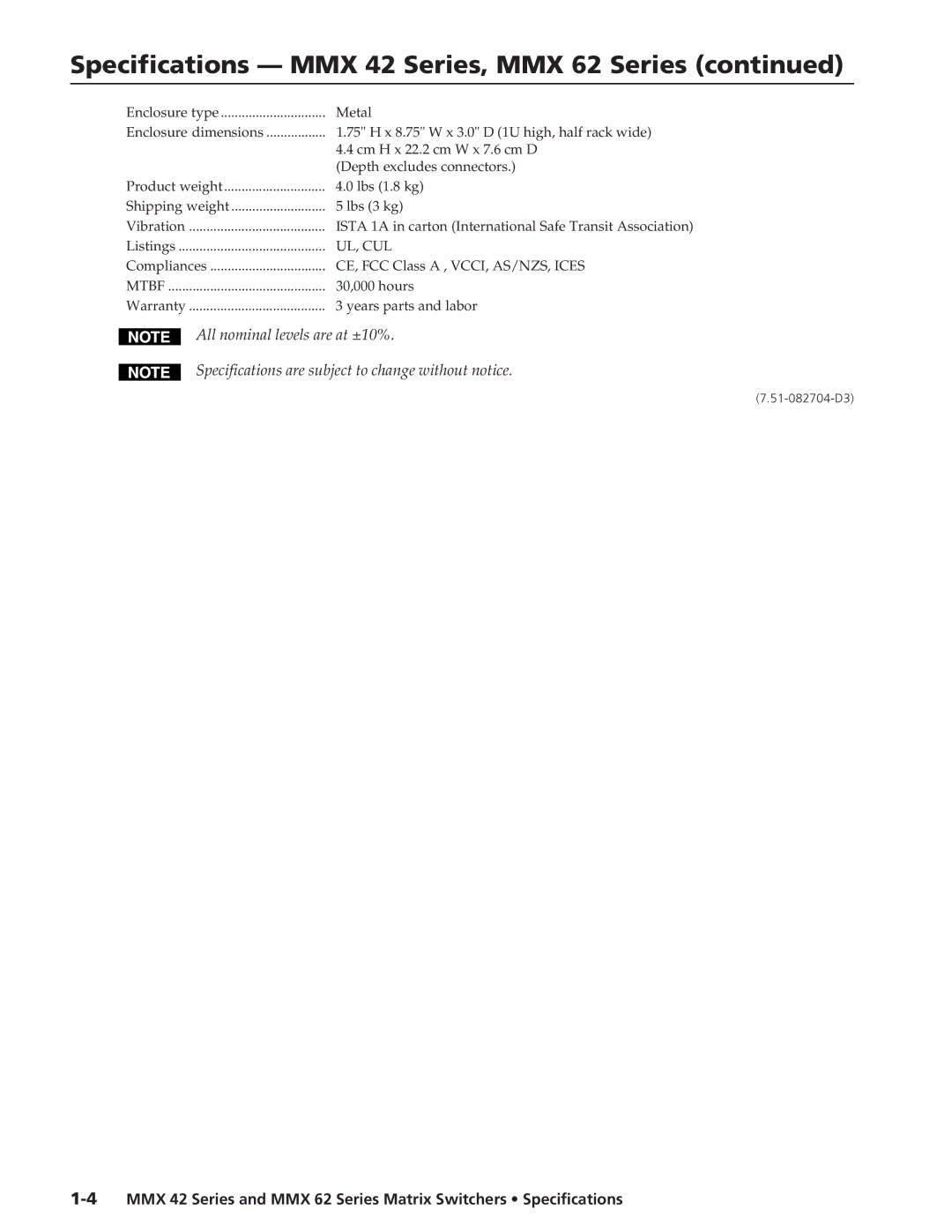 Extron electronic specifications Specifications MMX 42 Series, MMX 62 Series 