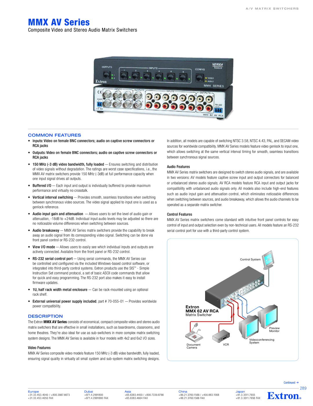 Extron electronic MMX 62 AV RCA specifications Common Features, 289 