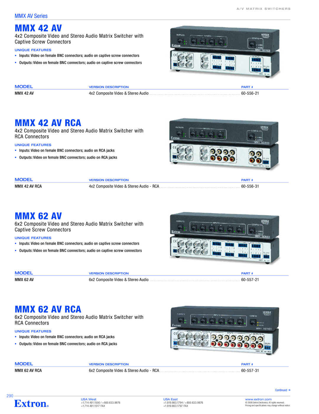 Extron electronic specifications MMX 42 AV RCA, MMX 62 AV RCA 