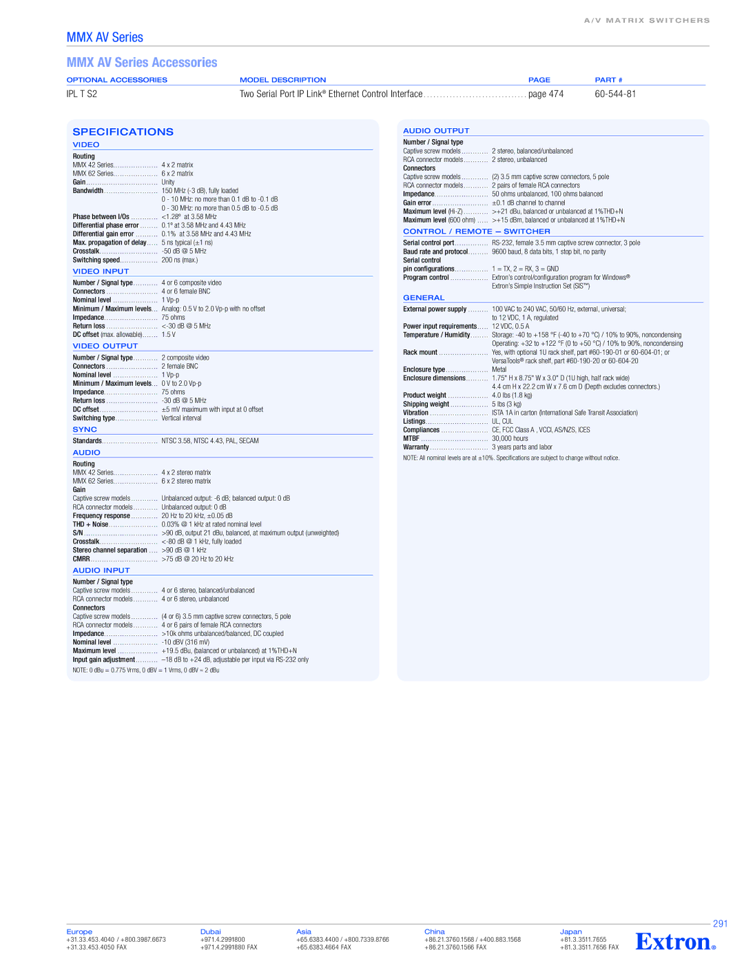 Extron electronic MMX 62 AV RCA specifications 291 