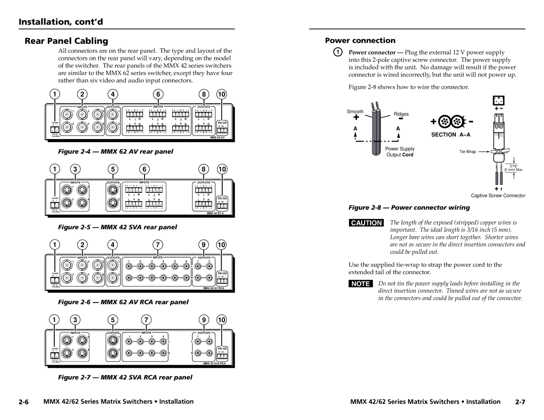 Extron electronic MMX 62, MMX 42 user manual Installation, cont’d Rear Panel Cabling, Power connection 