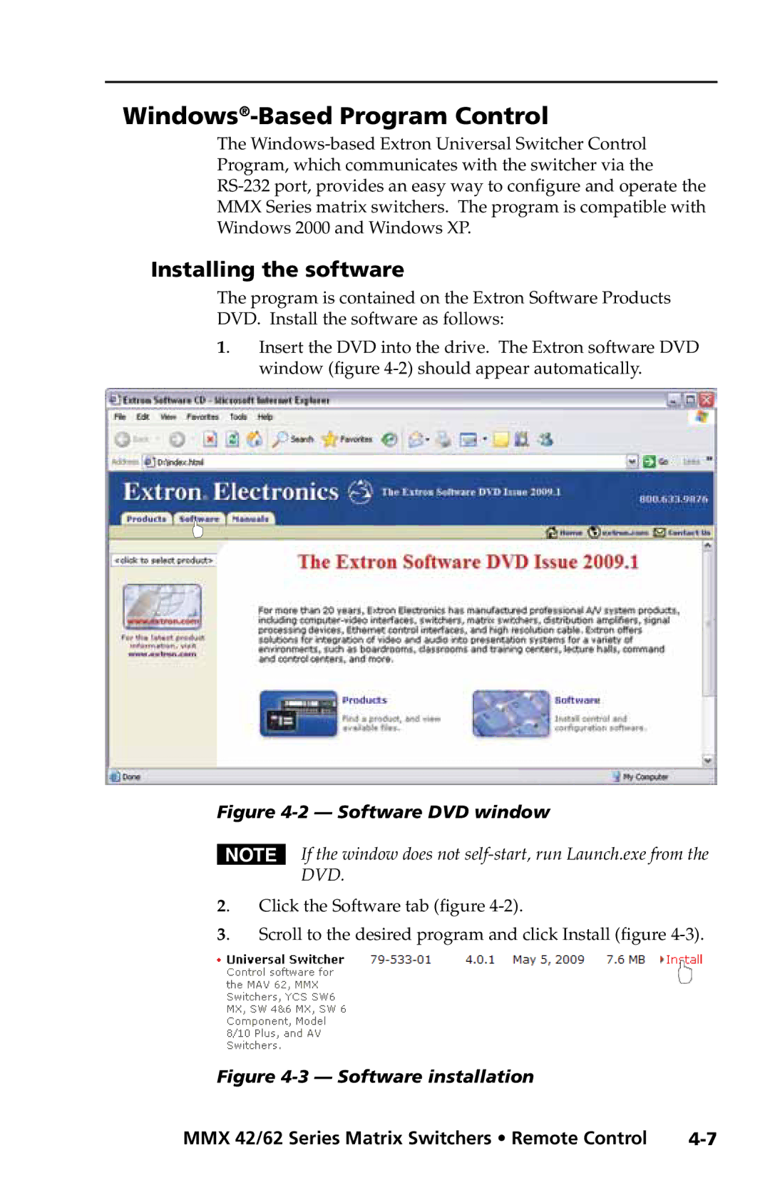 Extron electronic MMX 42, MMX 62 user manual Windows-Based Program Control, Installing the software 