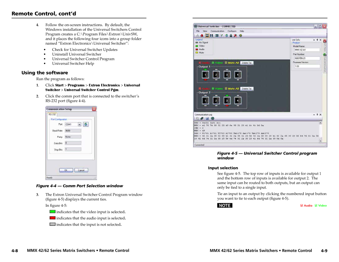 Extron electronic MMX 62, MMX 42 user manual Using the software, Input selection 