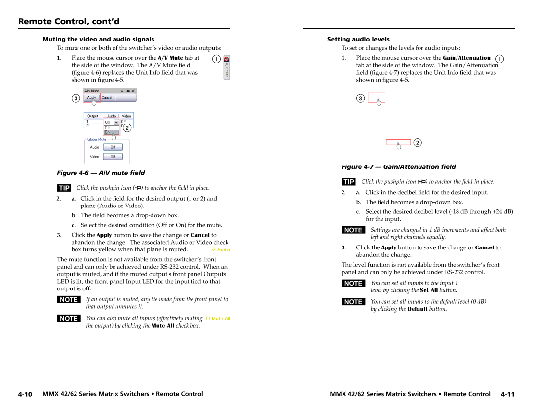 Extron electronic MMX 42, MMX 62 user manual Muting the video and audio signals, Setting audio levels 