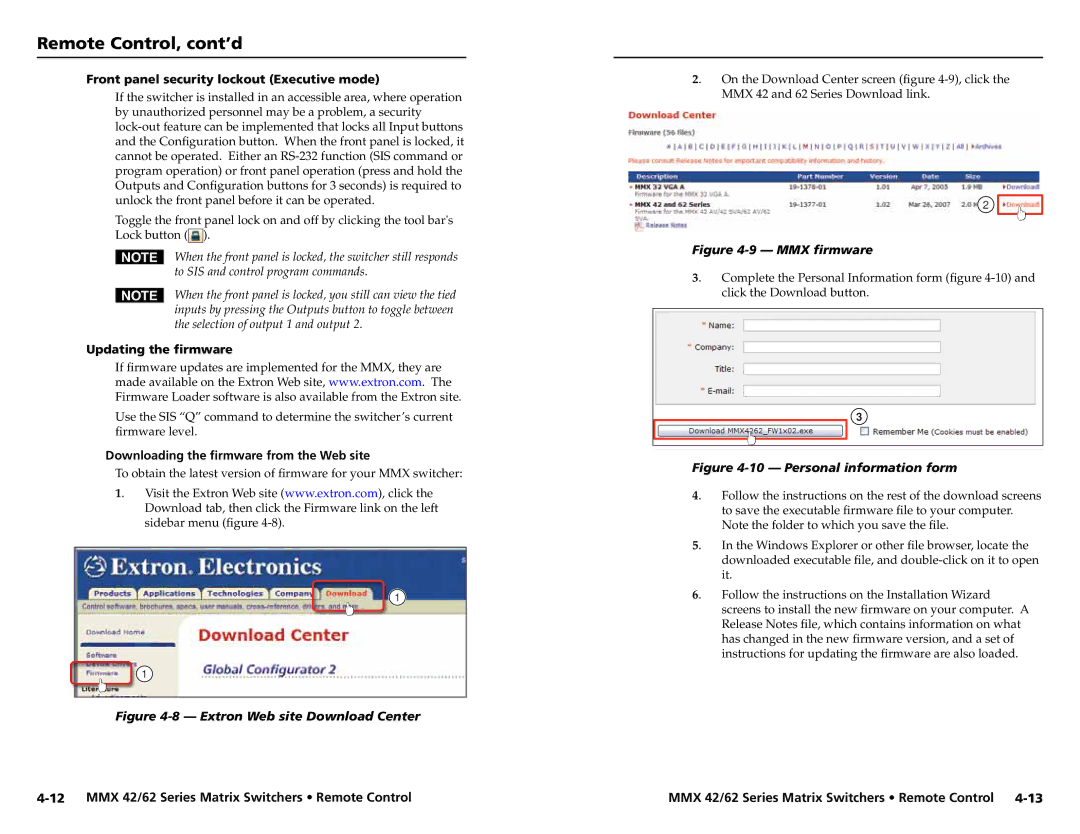 Extron electronic MMX 62, MMX 42 user manual Front panel security lockout Executive mode, Updating the firmware 