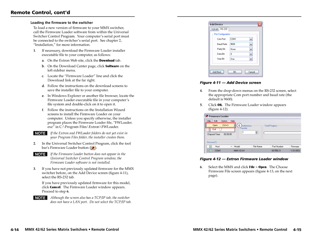 Extron electronic MMX 42, MMX 62 user manual Loading the firmware to the switcher, Add Device screen 