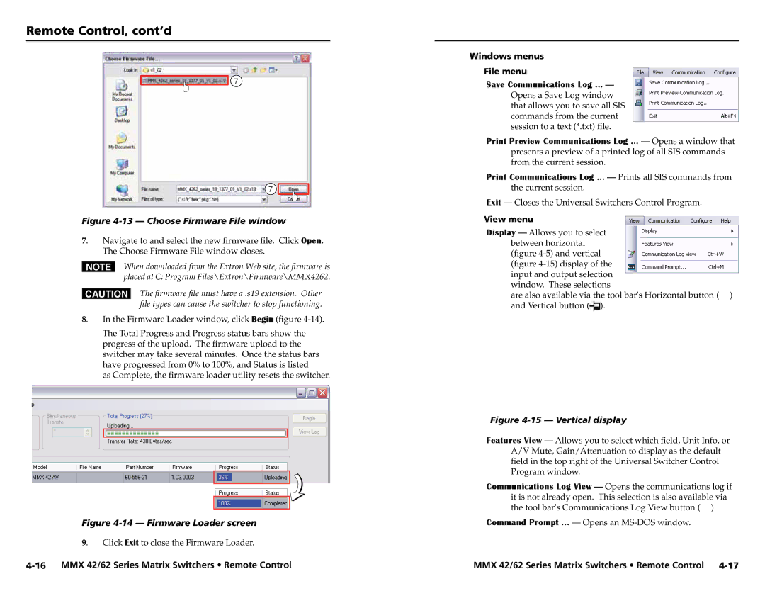 Extron electronic MMX 62, MMX 42 user manual Windows menus File menu, View menu 