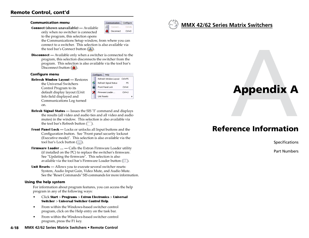 Extron electronic MMX 42 AAppendix a, Reference Information, Communication menu, Configure menu, Using the help system 