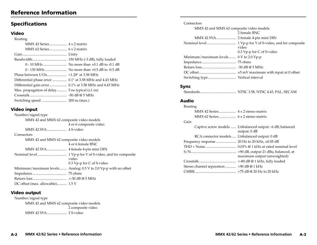 Extron electronic MMX 62, MMX 42 user manual Reference Information, Specifications 