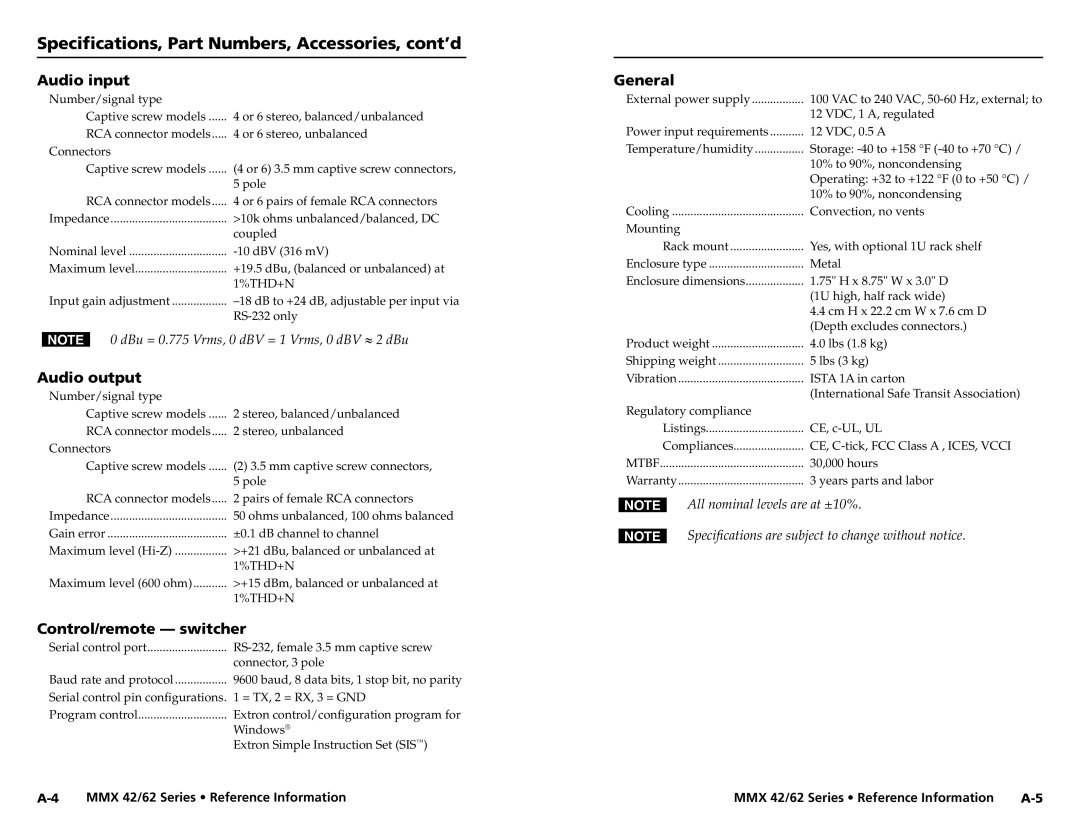 Extron electronic MMX 42, MMX 62 Specifications, Part Numbers, Accessories, cont’d, Audio input, Audio output, General 