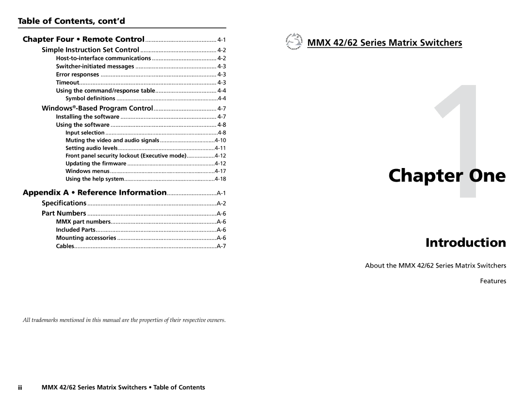 Extron electronic MMX 62 user manual One, Introduction, MMX 42/62 Series Matrix Switchers, Table of Contents, cont’d 