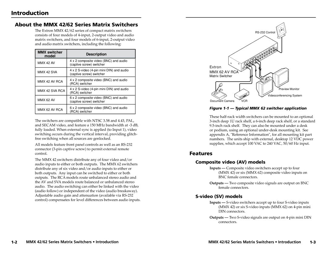 Extron electronic MMX 62 Introduction, About the MMX 42/62 Series Matrix Switchers, Features, Composite video AV models 