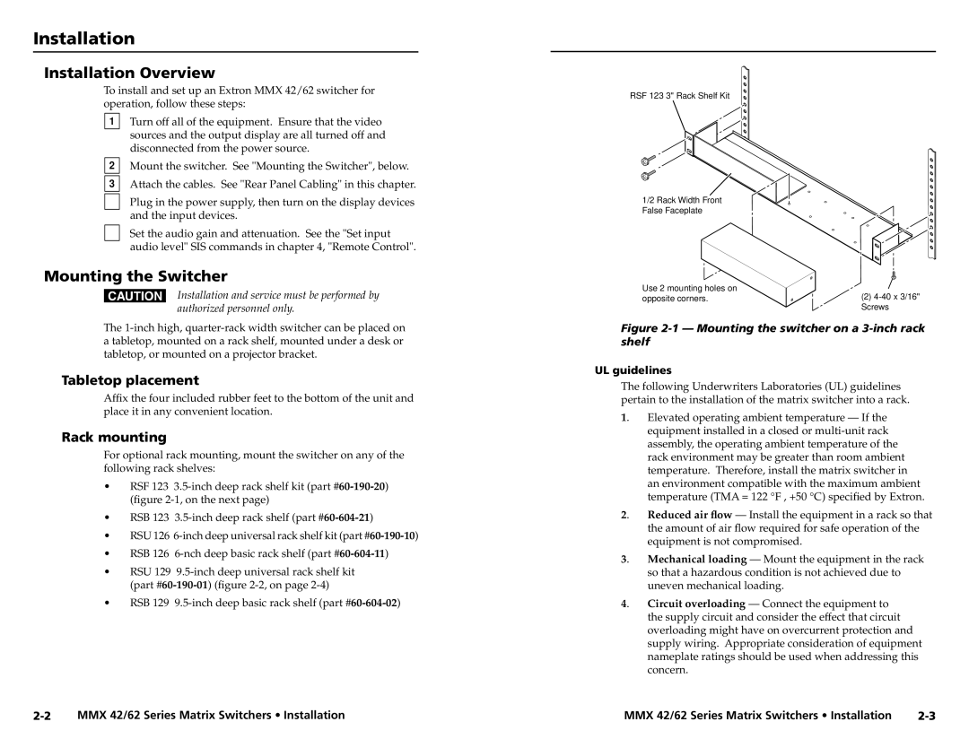 Extron electronic MMX 62, MMX 42 Installation Overview, Mounting the Switcher, Tabletop placement, Rack mounting 