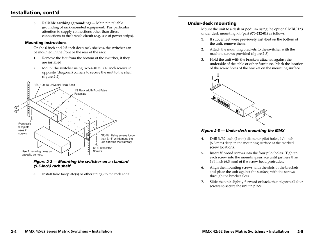 Extron electronic MMX 42, MMX 62 user manual Installation, cont’d, Under-desk mounting, Mounting instructions 