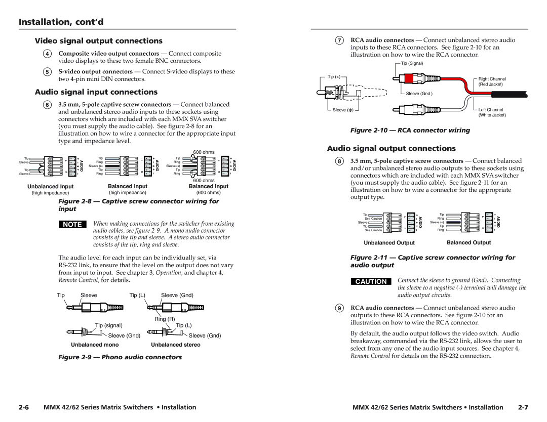 Extron electronic MMX 42 Video signal output connections, Audio signal input connections, Audio signal output connections 