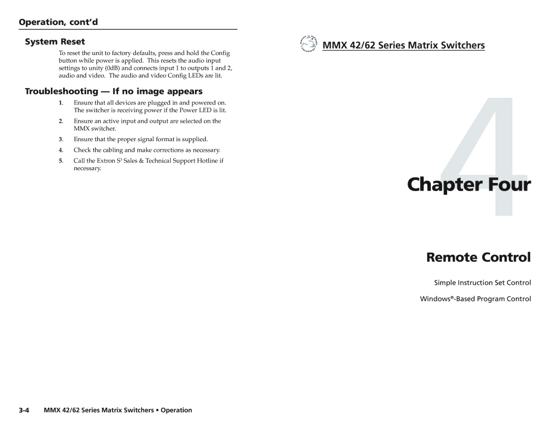Extron electronic MMX 62, MMX 42 Four, Remote Control, Operation, cont’d System Reset, Troubleshooting If no image appears 