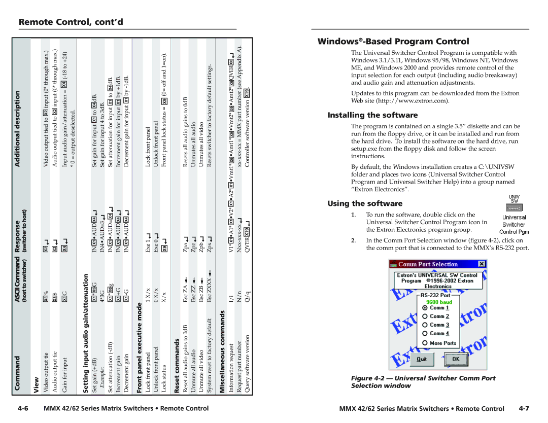 Extron electronic MMX 42 Remote Control, cont’d Windows-Based Program Control, Installing the software, Using the software 