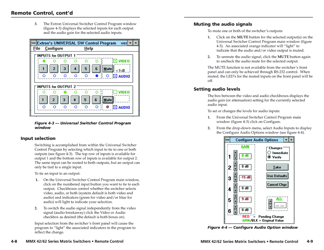 Extron electronic MMX 62, MMX 42 user manual Input selection, Muting the audio signals, Setting audio levels 