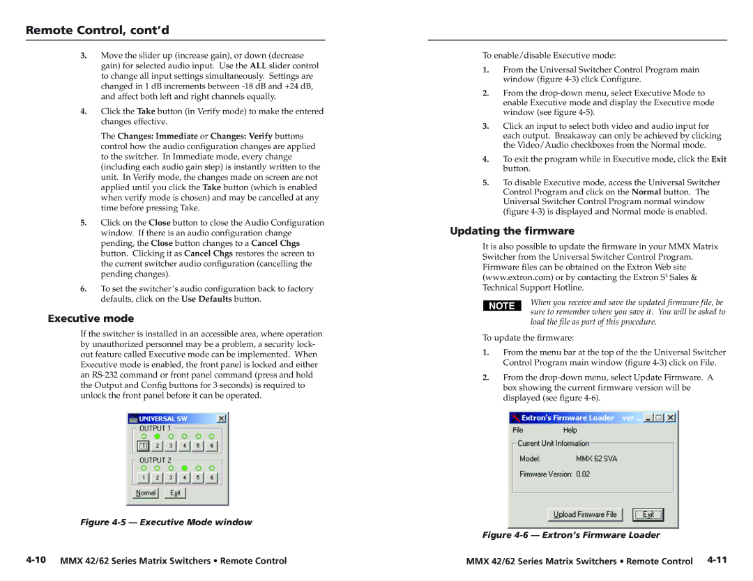 Extron electronic MMX 42, MMX 62 user manual Executive mode, Updating the firmware 