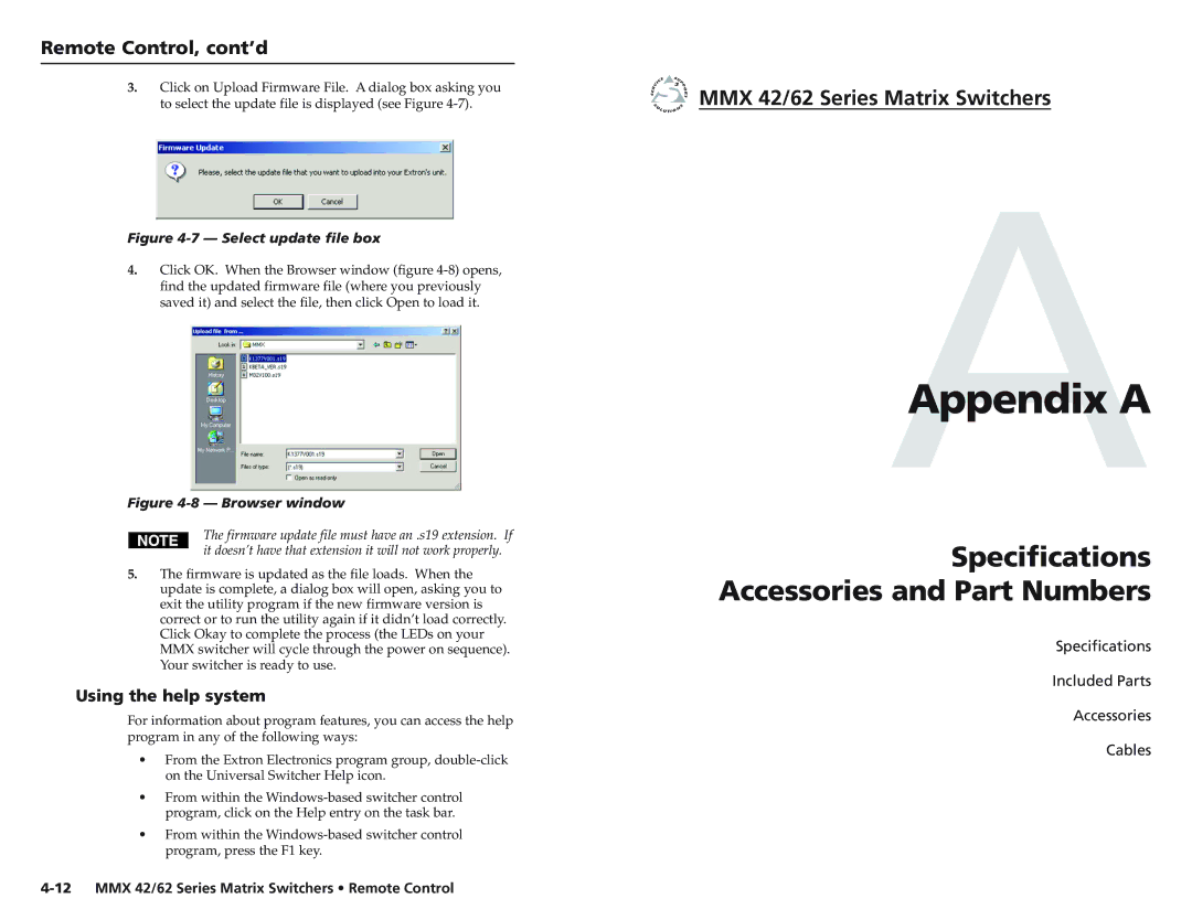 Extron electronic MMX 62, MMX 42 user manual AAppendix a, Specifications Accessories and Part Numbers, Using the help system 