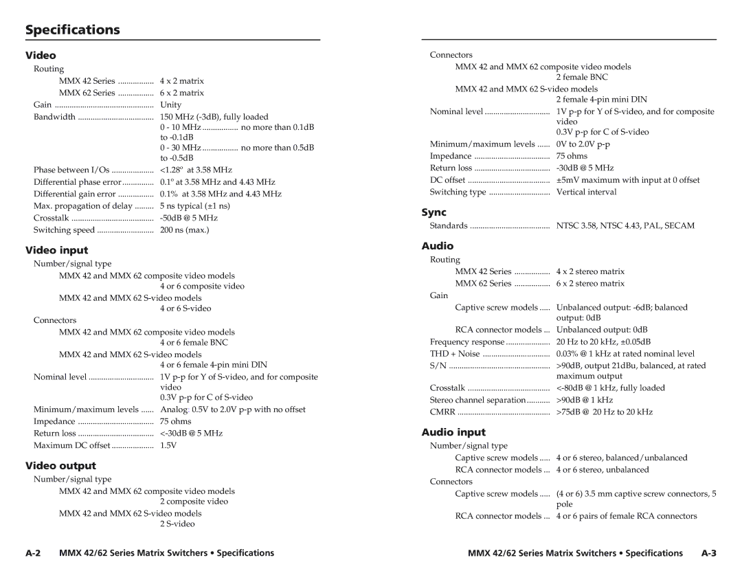 Extron electronic MMX 42, MMX 62 user manual Specificationscifications, cont’d, Video, Sync, Audio input 