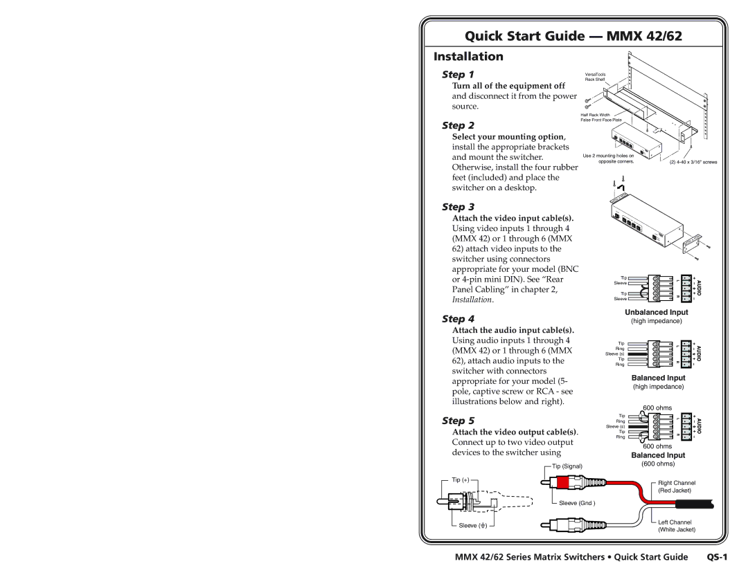 Extron electronic MMX 62 user manual Installation, MMX 42/62 Series Matrix Switchers Quick Start Guide QS-1 