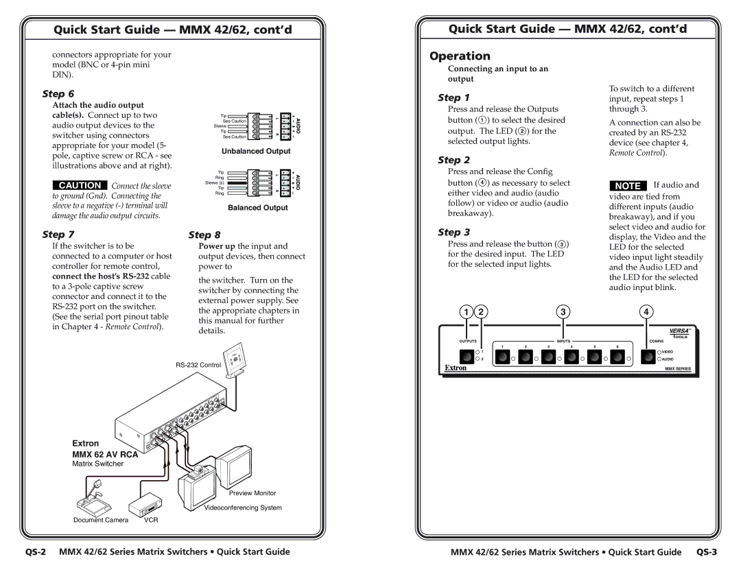 Extron electronic MMX 62 user manual Quick Start Guide MMX 42/62, cont’d Operation 