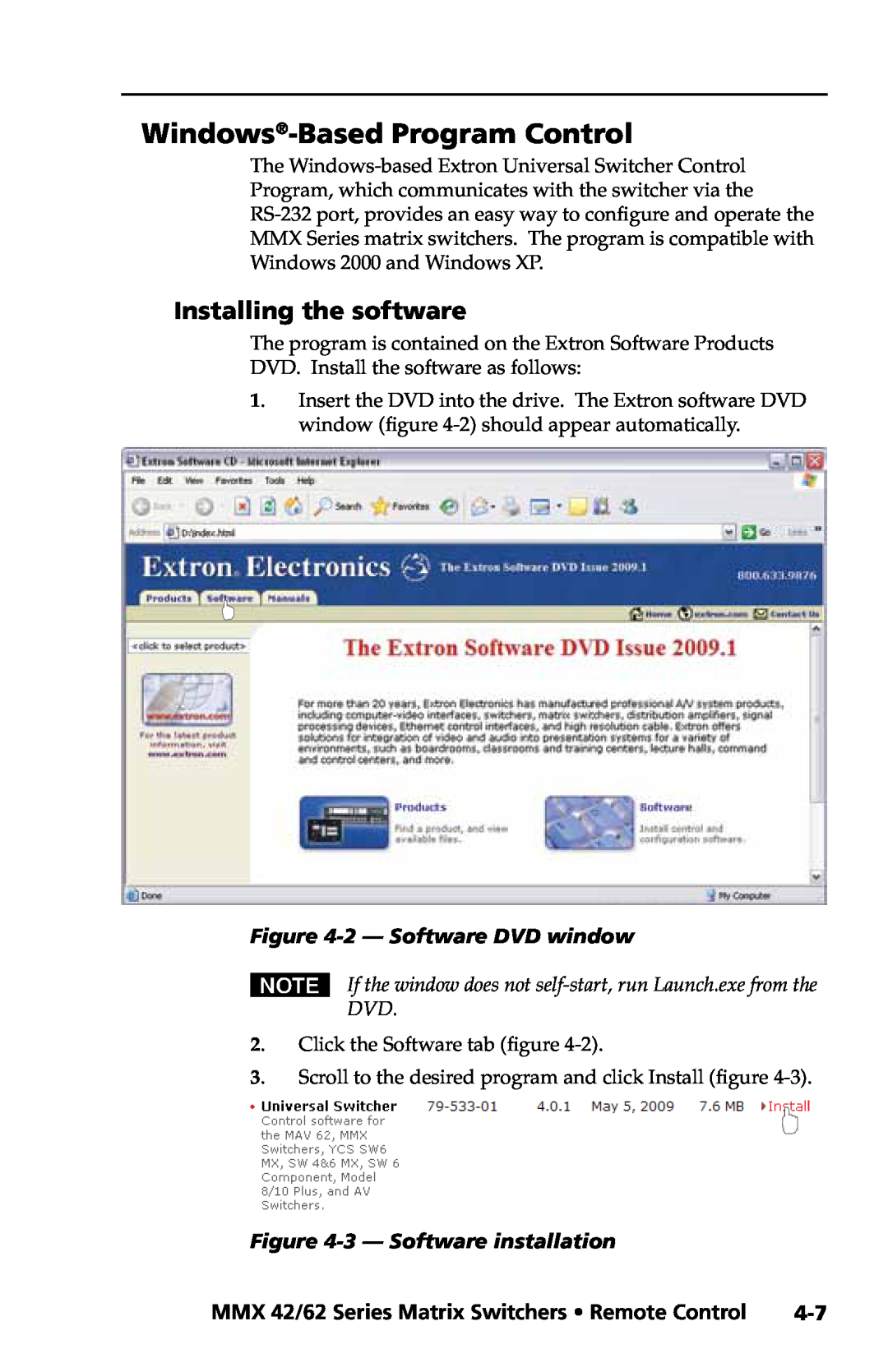 Extron electronic MMX 42, MMX 62 user manual Windows-Based Program Control, Installing the software, 2 - Software DVD window 